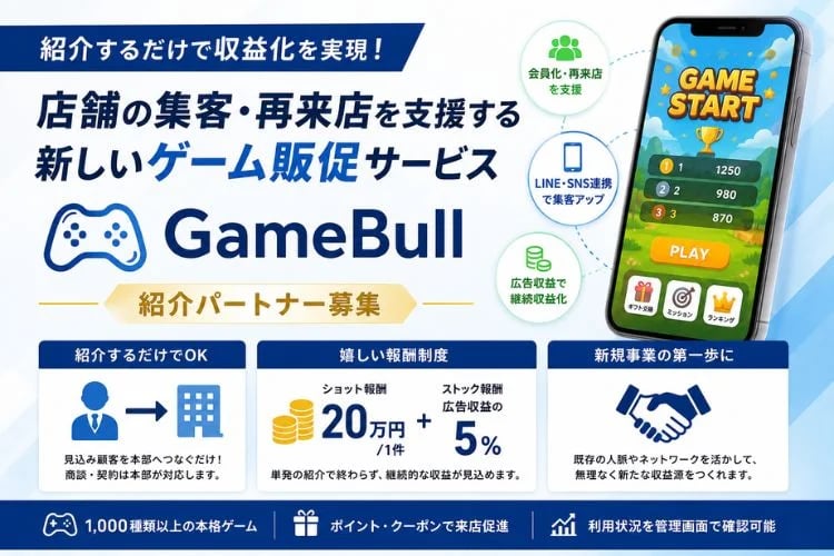 「ゲーム活用 店舗販促・再来店促進サービス」紹介パートナー募集イメージ