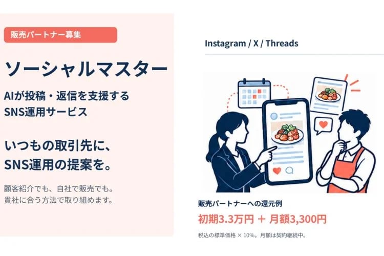 「AI活用 SNS運用支援サービス」販売パートナー募集イメージ